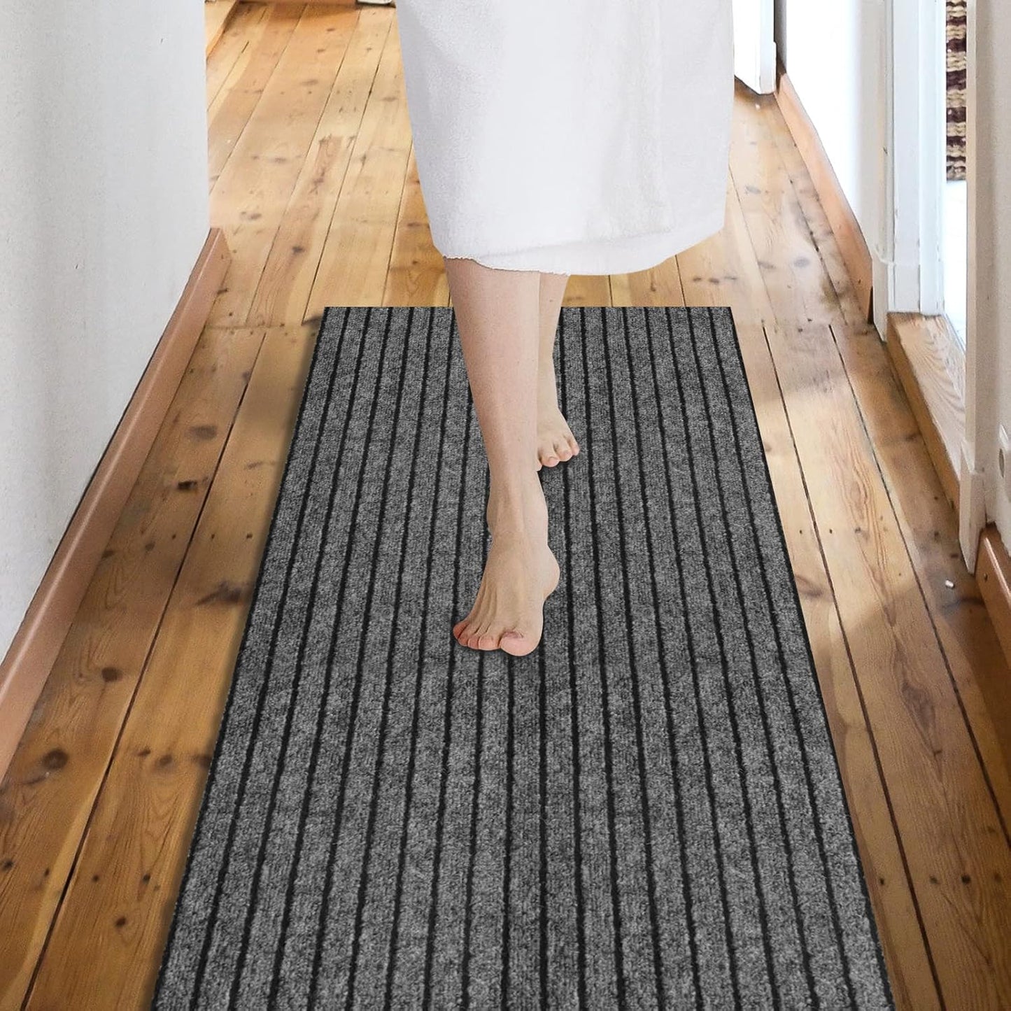 Custom Size Backed Non-Slip Area Rugs Runner, Easy Clean, Waterproof Runner Rugs for Hallway Entryway, Kitchen, Laundry, 4FT x 6FT, Gray Stripe