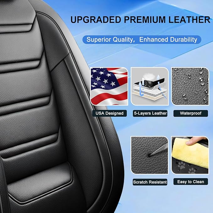 Fit Mazda 6 Car Seat Covers (Front Pair) for Select Mazda 6 2007-2021, Premium Full Coverage Leather, Airbag Compatible, Luxury Waterproof All Weather Breathable Seat Cushion Protector, Black
