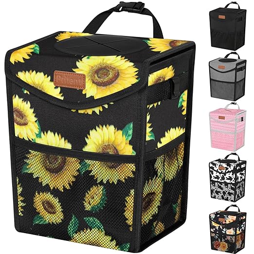 Pritent Car Trash Can with Lid, Cute Leakproof Car Trash Garbage Bag Hanging Vehicle Trash Bin Small Portable Automotive Garbage Cans Organizer for Back/Front Seat/Console(2.8 Gallons,Sunflower)