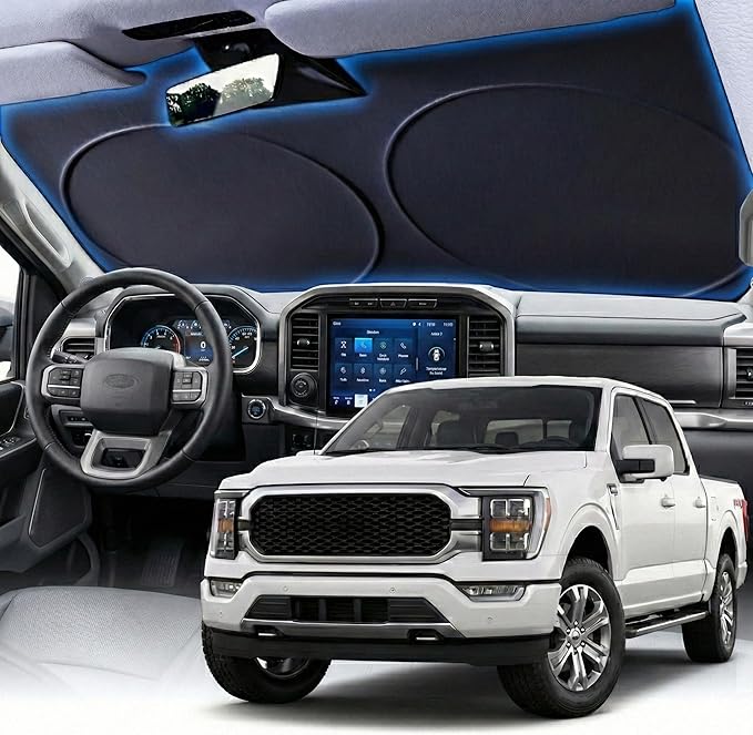 PEMOTech 2026 Upgraded Truck Windshield Sun Shade, Protector for F150/Raptor/Rv/Tikka, Thickened Overlapping Car Window Shades, Rays Blocker & Sun Dash Cover, Jeep Wrangler Accessories (69x35 inches)