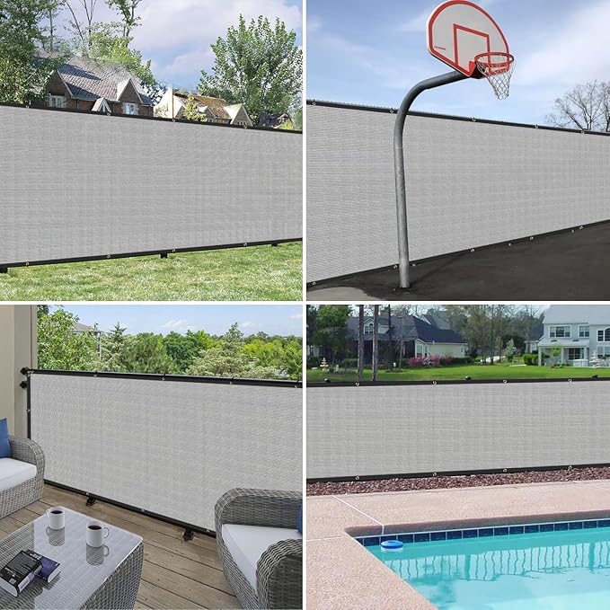 Windscreen4less Privacy Fence Screen Heavy Duty Windscreen Fencing Mesh Fabric Shade Net Cover with Brass Grommtes for Outdoor Wall Garden Yard Pool Deck, 8'x107' Light Gray