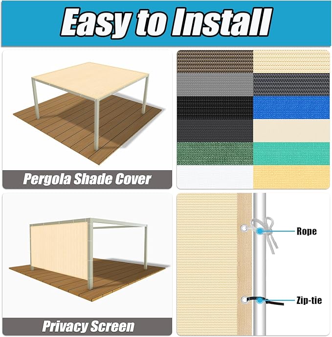 Amagenix 90% Pergola Shade Cover 7' X 9' Sun Shade Cloth with Grommets for Outdoor Garden Patio Porch, Commercial Grade 200 GSM - Cable Zip Ties Included (We Customized) GN108, Wheat