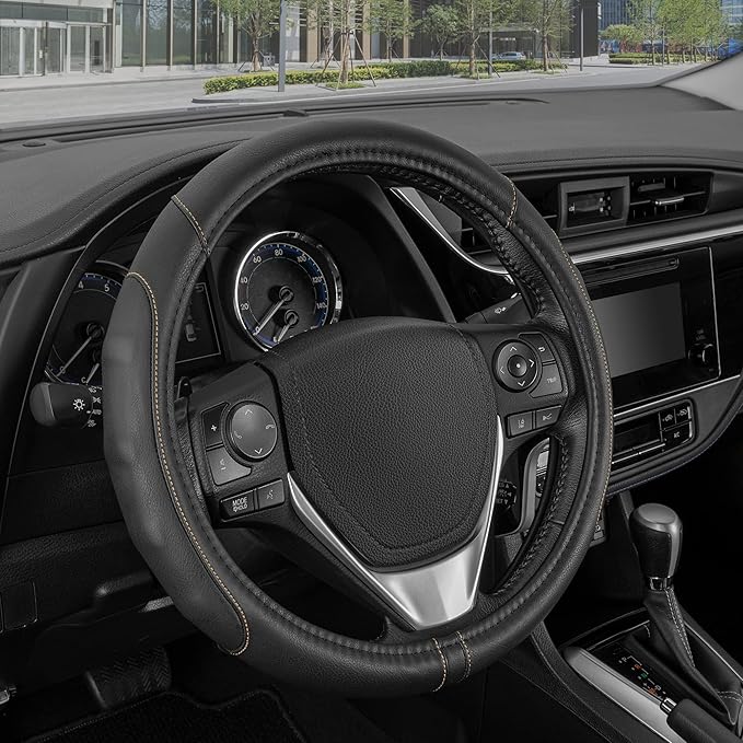 Motor Trend GripDrive Faux Black Leather Steering Wheel Cover for Car Truck Van SUV, Standard 15 inch Size, Beige Accent Stitched Car Steering Wheel Cover Vehicle & Auto Accessories