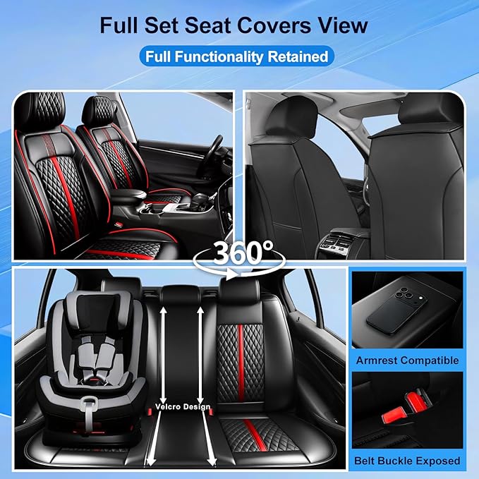 Fit Tahoe Car Seat Covers(2 Row 5 Seats) for Select Chevrolet/Chevy Tahoe 2000-2025 2026 - Full Coverage Leather, Waterproof & All Weather Seat Cushion Protector, Black with Red Trim