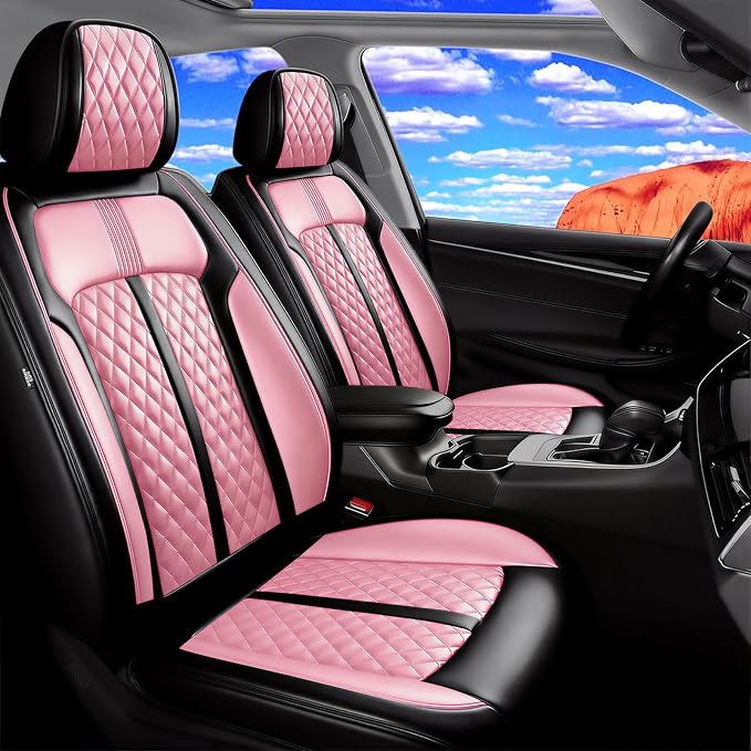 Fit Bolt Car Seat Covers for Select Chevrolet Bolt/Bolt EUV 2017-2025, Premium Full Coverage Leather, Airbag Compatible, Waterproof All Weather Seat Cushion Protector, Front Pair Black+Pink
