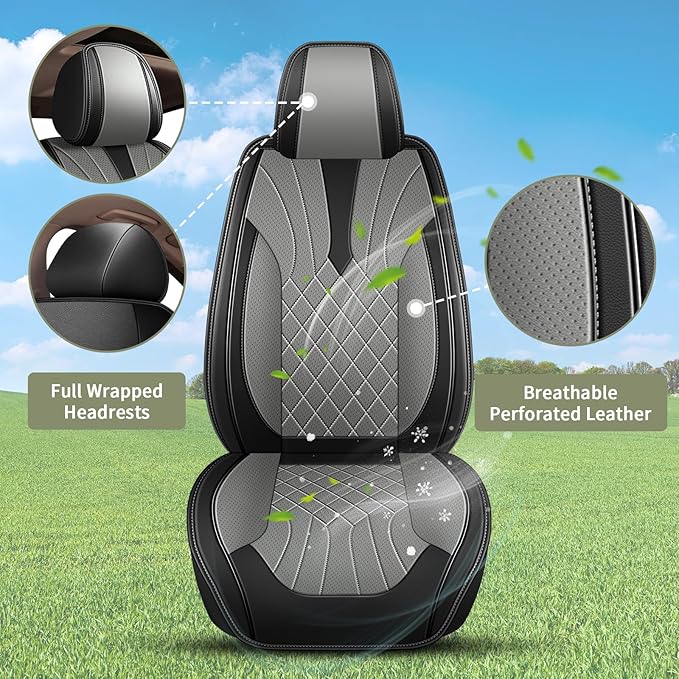 Car Seat Covers Front Pair for Subaru Ascent 2019-2024 2025 2026: Breathable Perforated Leather Seat Cover (Black&Grey)