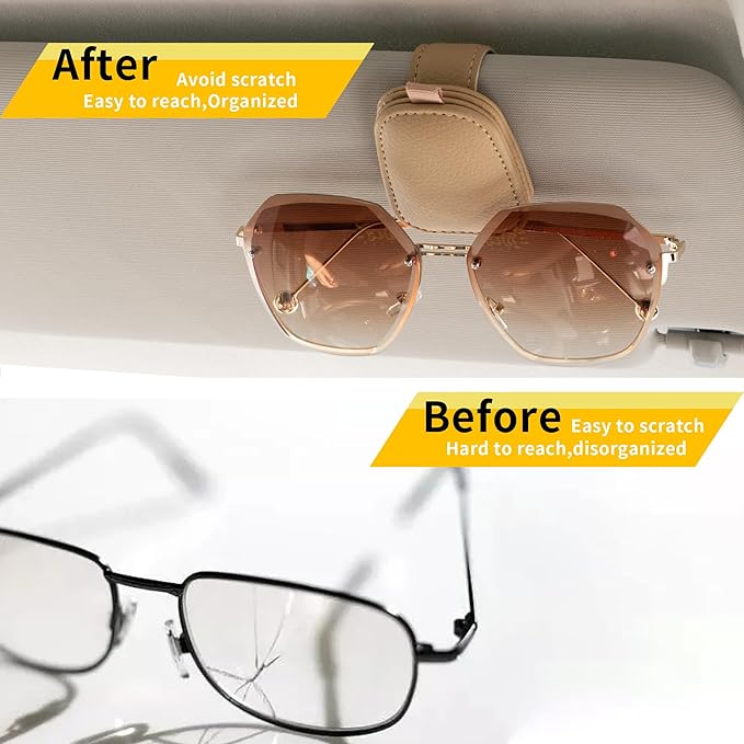 Yuoyar Sunglass Holder for Car, Magnetic Leather Sunglasses Holder and Ticket Card Clip, Car Visor Accessories, 2 Packs (Beige)