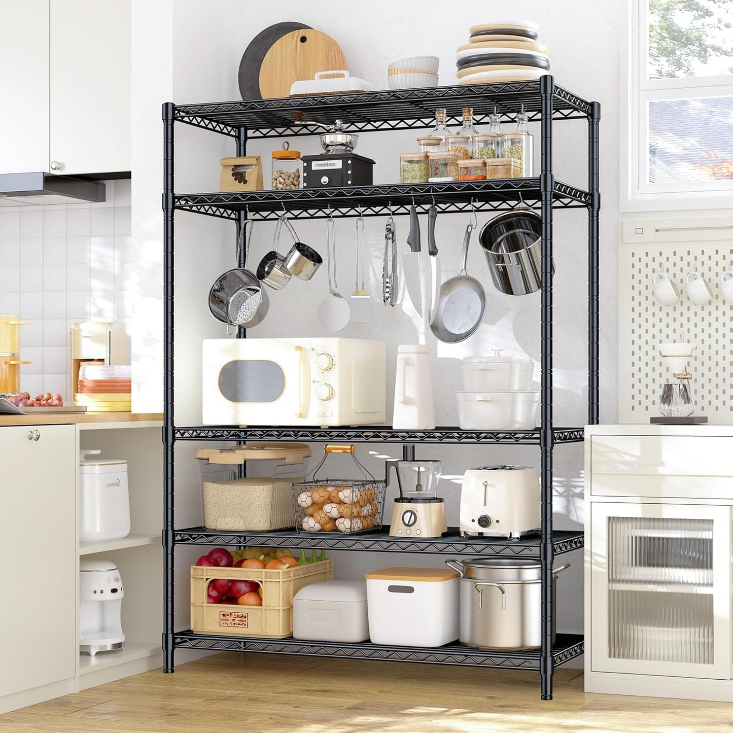 5 Tier Storage Shelves 71"H Wire Shelving Adjustable Metal Shelving,1000LBS Pantry Shelves Sturdy Steel Wire Shelf for Kitchen Commercial Pantry Garage Warehouse ,71"H X35.5"W X13.8"D, Black