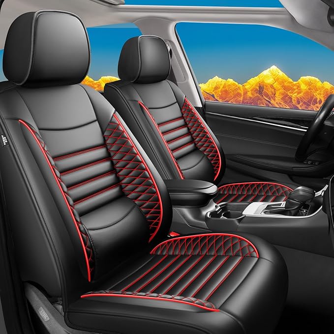 Fit Accord Car Seat Covers for Honda Accord 2003-2024 2025 2026 - Upgraded Premium Waterproof & Breathable Leather, Airbag Compatible, All-Weather Seat Cushion Protector (2 Front/Black+Red)