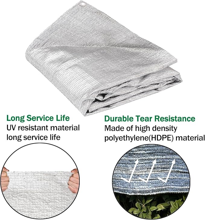 95% Sun Block Heavy Duty Aluminum Foil Shade Cloth with Grommets,13ft x 13ft, Mesh Sun Block Fabric Cover, Canopy, Privacy Screen for Outdoor Patio, Garden, Backyard, Silver