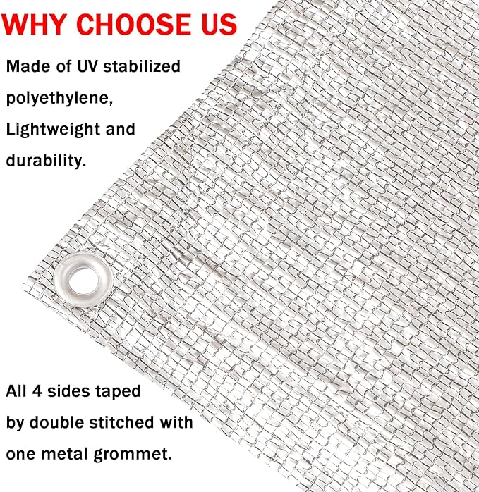 95% Sun Block Heavy Duty Aluminum Foil Shade Cloth with Grommets,10ft x 18ft, Mesh Sun Block Fabric Cover, Canopy, Privacy Screen for Outdoor Patio, Garden, Backyard, Silver