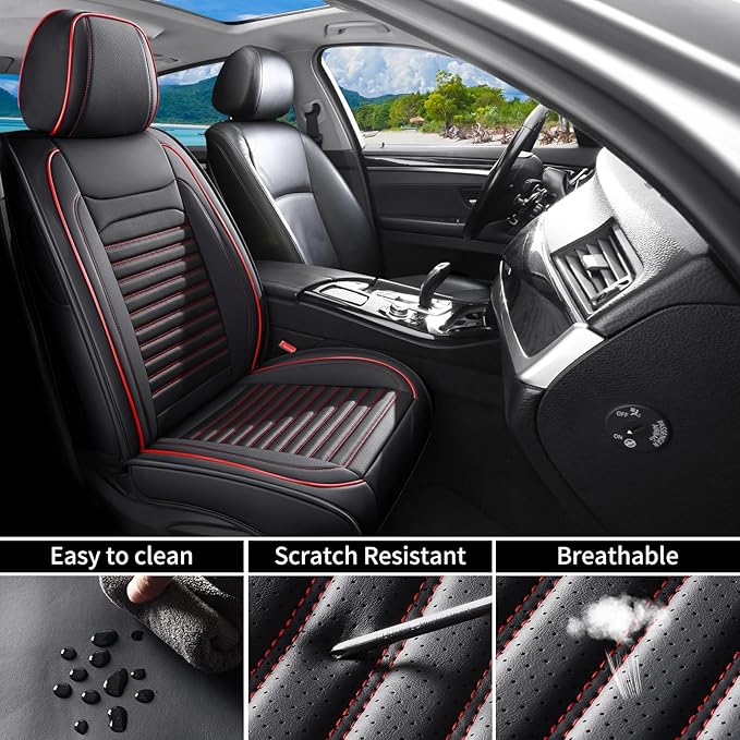 Car Seat Covers Full Set Fit for Toyota Venza 2009-2026, Premium Faux Leather Car Seat Protector,Breathable Anti-Slip Full Wrapping Edge Seat Covers(Black&Red,Full Set)