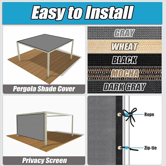 Amagenix 90% Shade Fabric 12'X 20' Gray Sun Shade Cloth with Grommets for Pergola Replacement Shade Cover Canopy, Heavy Duty, Cable Zip Ties Included (We Customized)