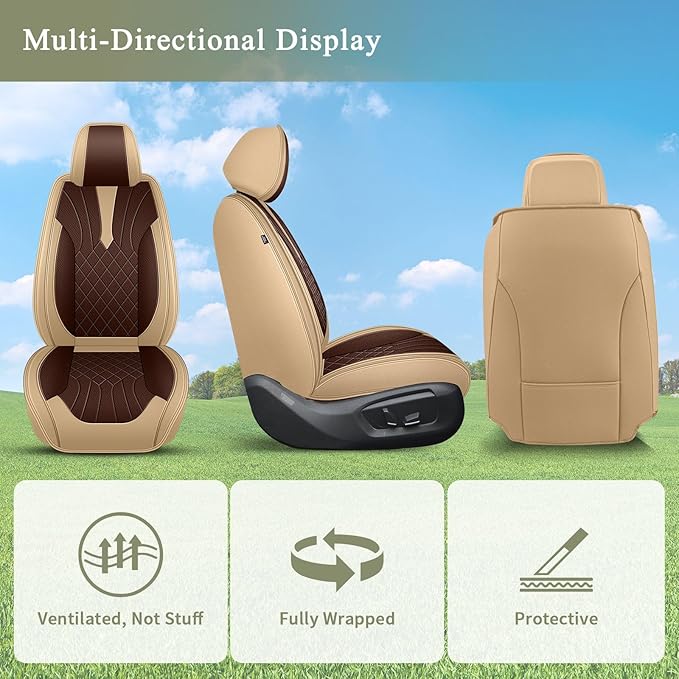 Breathable Car Seat Covers for Nissan Rogue 2010-2023 2025 2026, Front Seats, Perforated Leather, Seat Protector, Interior Trim for Nissan Rogue Accessories (Beige&Brown)