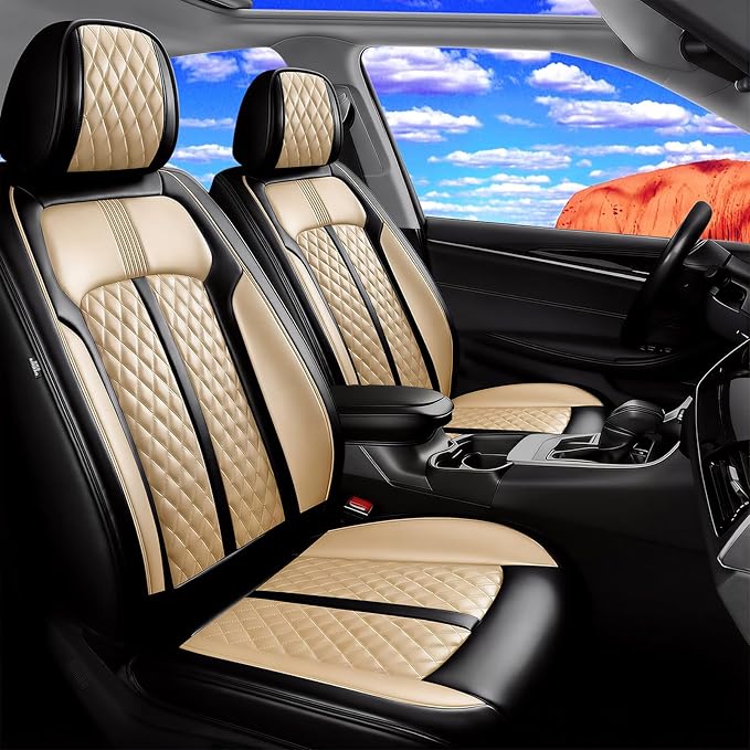 Fit Bolt Car Seat Covers for Select Chevrolet Bolt/Bolt EUV 2017-2025, Premium Full Coverage Leather, Airbag Compatible, Waterproof All Weather Seat Cushion Protector, Full Set, Black+Beige