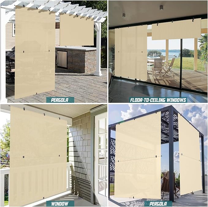 Bynbbur 4'W x 9'H Outdoor Patio Shades Foldable Roller Blinds, 220 GSM Sun Shade Roll Up Porch Screens Exterior Shade Cloth for Deck Pergola Backyard, Beige