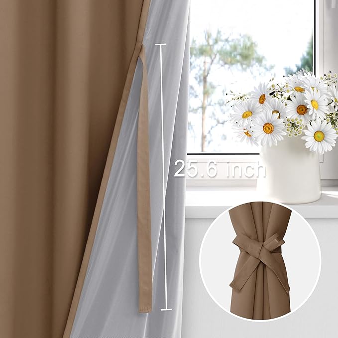 XWZO 100% Blackout Curtain Panels - Thermal Insulated Black Liner Curtains, Noise Reducing and Heat Blocking Drapes for Hall and Studio Windows with Tiebacks, Cappuccino, W38 x L84, Set of 2