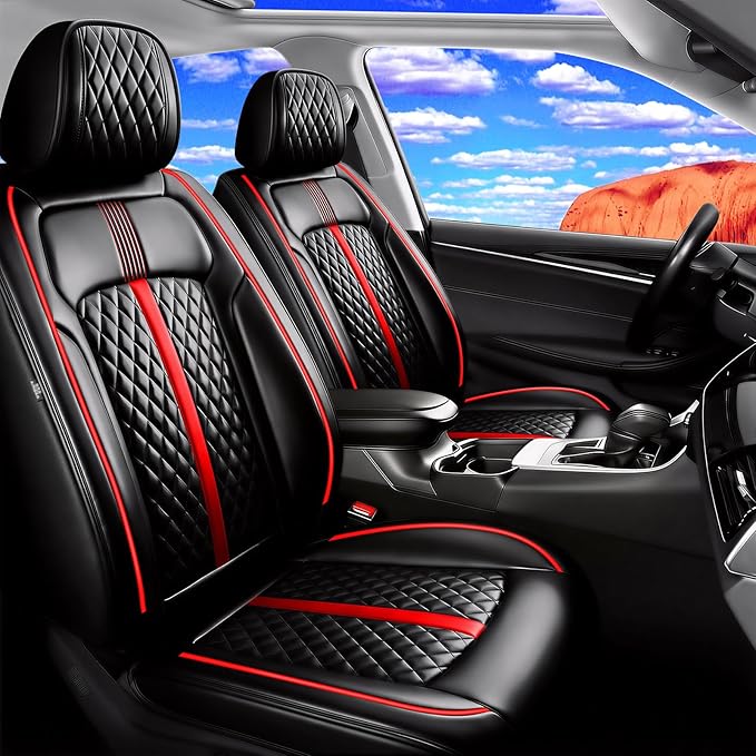 Fit Trax Car Seat Covers (Front Pair) for Chevrolet/Chevy Trax 2015-2026, Premium Full Coverage Leather, Waterproof & All Weather Seat Cushion Protector, Airbag Compatible, Black with Red Trim
