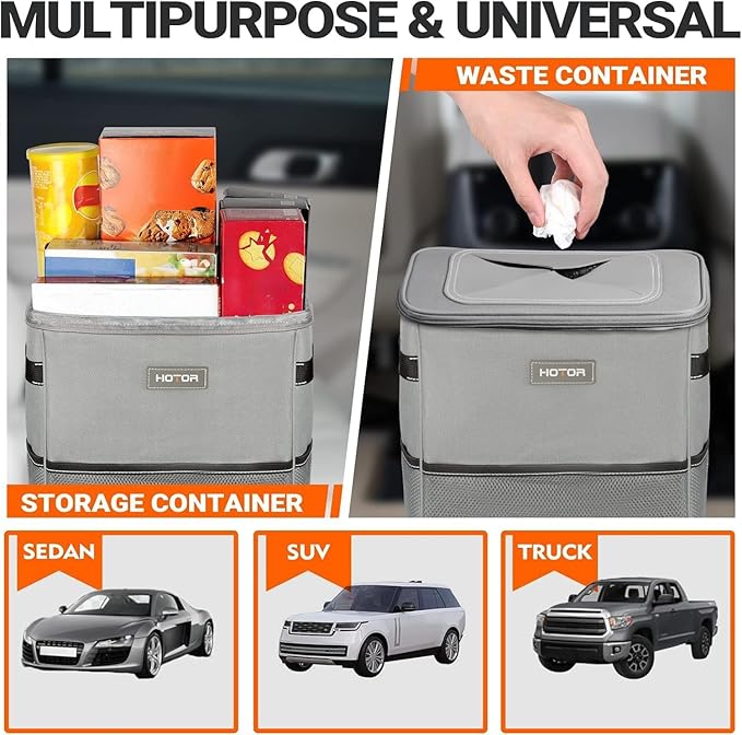 HOTOR Car Trash Can, Multifunctional Car Accessory for Interior Car Stuff Storage with Compact Design, Waterproof Car Organizer and Storage with Adjustable Straps, Magnetic Snaps, 2 Gallons, Gray