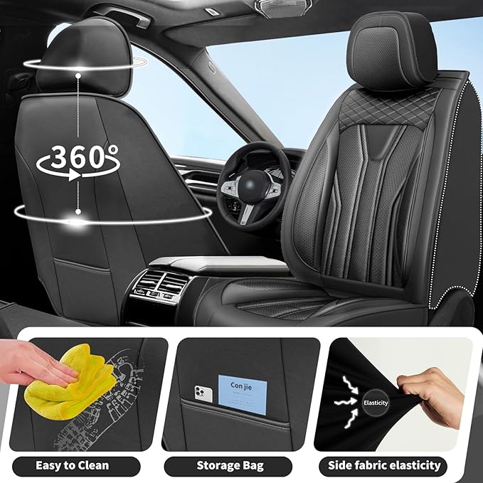 Fit Prius Car Seat Covers for Toyota Prius 2001-2025 2026 -Premium Leather, Waterproof Stain-Resistant, Breathable，All-Weather Seat Cushion Protecto & Airbag Compatible, 2 Front Seat All Black