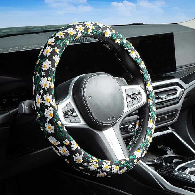 Embroidered Flowers Black Cute Daisy Steering Wheel Cover Auto Anti-Slip Breathable Rubber Steering Wheel Protector,Floral Car Accessories for Women,Universal Size Fit Most Cars -15 inch