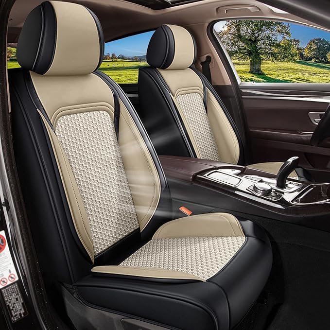 Car Seat Covers Front Seats for Mazda 6 2010-2021 Mazda6: Breathable Cool Ice Silk Leather Seat Covers (Black & Beige)