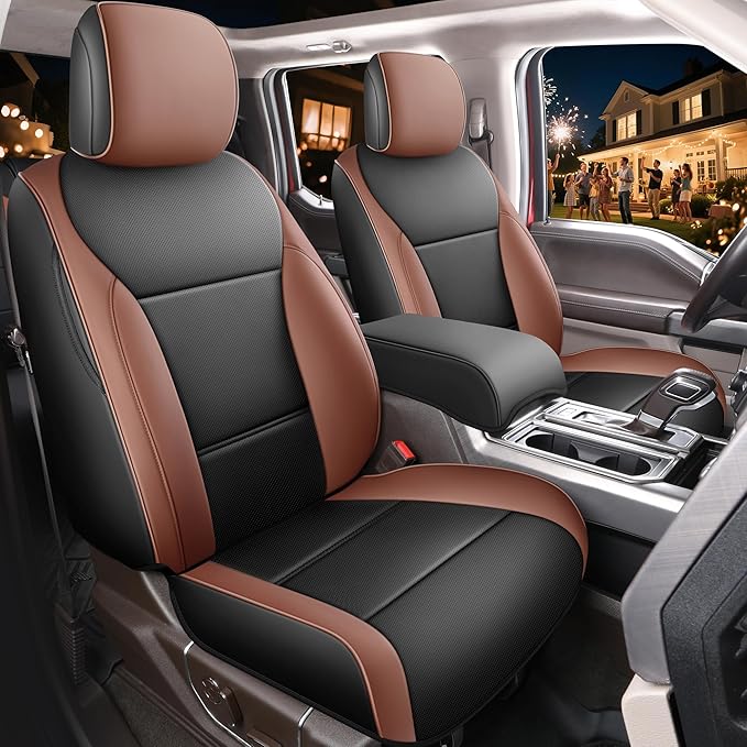 Red Rain F150 Leather Car Seat Covers Custom Fit for Ford F150 SuperCrew/CrewCab 2015-2025 XL XLT STX Pickup Truck Black and Brown Auto Seat Protector 5 Seater (F150-Black+Brown)