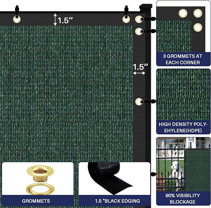 Windscreen4less Privacy Fence Screen Heavy Duty Windscreen Fencing Mesh Fabric Shade Net Cover with Brass Grommtes for Outdoor Wall Garden Yard Pool Deck, 8'x108' Green