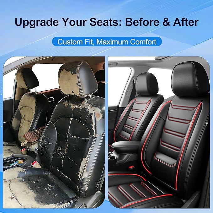 Fit Prologue Car Seat Covers for Select Honda Prologue 2024-2026 - Premium Full Coverage Leather, Airbag Compatible, Waterproof & All Weather Seat Cushion Protector, Full Set, Red Trim