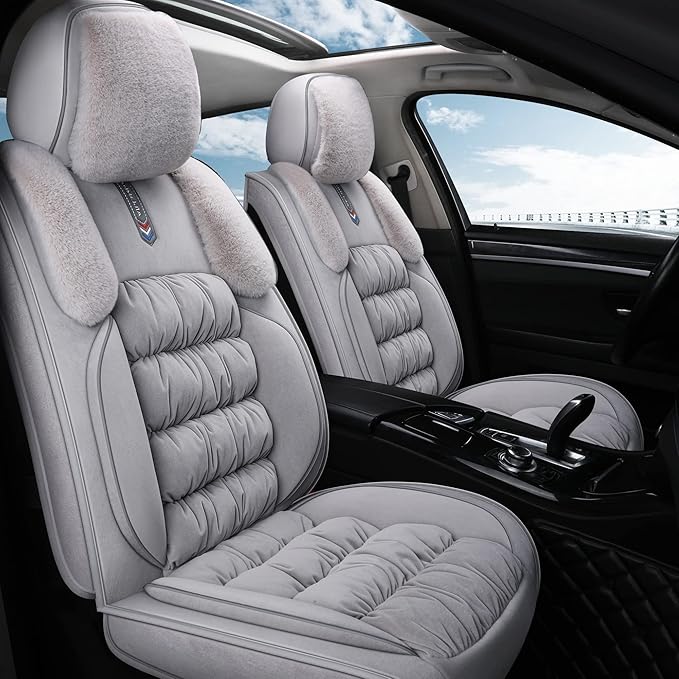 AOOG Fuzzy Car Seat Covers, Heated Bench Back Cushion Protector for Cars SUV Trucks(Full Set,Grey)