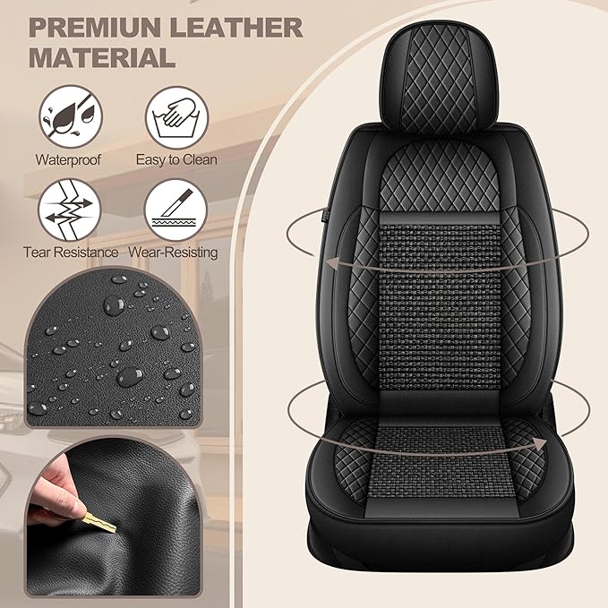 TTX LIGHTING for Kia Seltos 2021-2026 Car Seat Covers, Breathable Ice Silk & Leather Seat Protector, Cool & Anti-Sweat for Long Driving, Airbag Compatible, 2 Front Seats (Black)