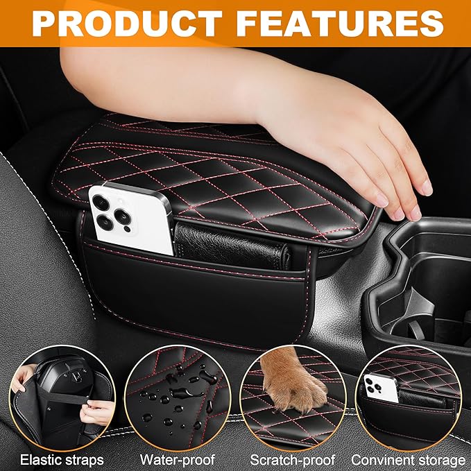 Car Center Console Cover Fit for Jeep Gladiator - Leather Armrest Covers with 2 Storage Pockets(Black&Red)