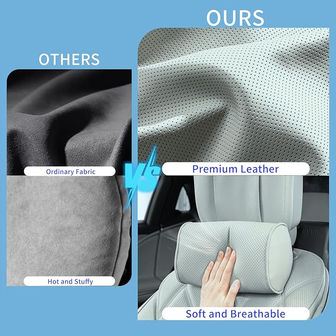 Car Headrest Pillow for Driving - Luxury Leather 100% Memory Foam, Ergonomic Neck Support - Universal Fit Head Rest Travel Pillow for Most Cars, Home & Office, Gray, 2 Pack
