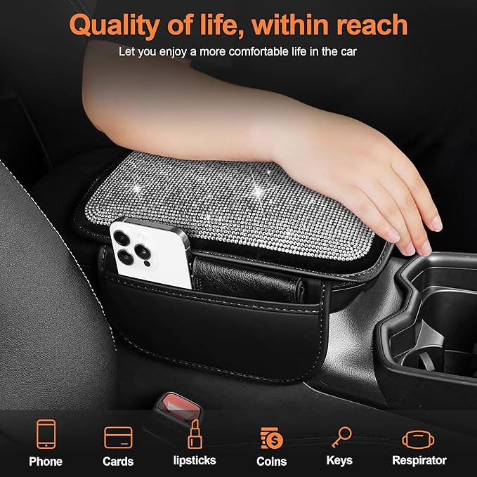 Bling Car Center Console Cover Custom Fit for Jeep Cherokee Compass Gladiator Liberty Patriot Renegade Wrangler - Leather Armrest Cover with 2 Storage Pockets and Crystal Rhinestones(Black)
