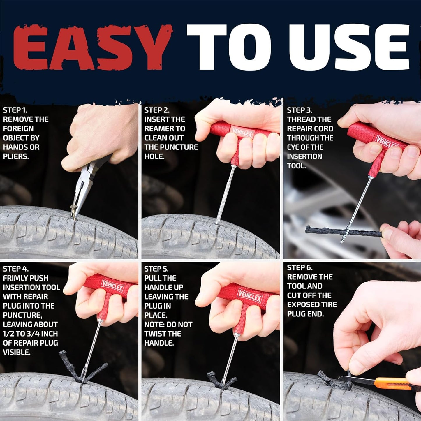 Vehiclex Tire Repair Kit for Plug and Patch with Aluminum Handled Tools - Emergency Kit with Pliers in Zippered Bag for Car, Motorcycle, ATV, Tractor, Lawn Mower