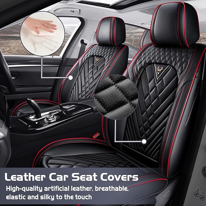 Truck Seat Covers for Ford Ranger 2019-2026, Waterproof Premium Leather Full Coverage Car Seat Cover, Muscle Sport Style Auto Interior Seat Cover Sets (Full Set/Black Red)