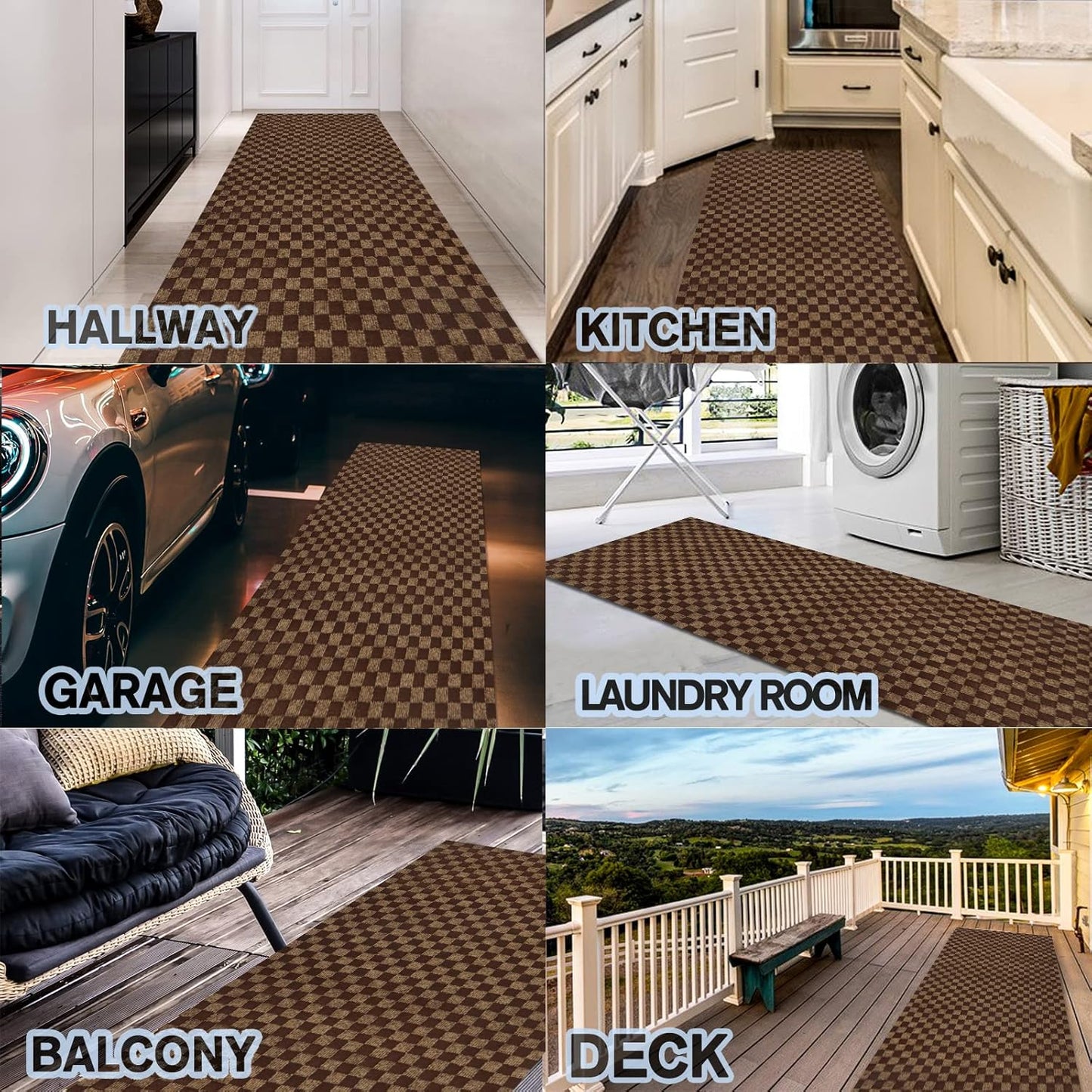 Custom Size Backed Non-Slip Area Rugs Runner, Easy Clean, Waterproof Runner Rugs for Hallway Entryway, Kitchen, Laundry, 3FT x 9FT, Brown Checkered