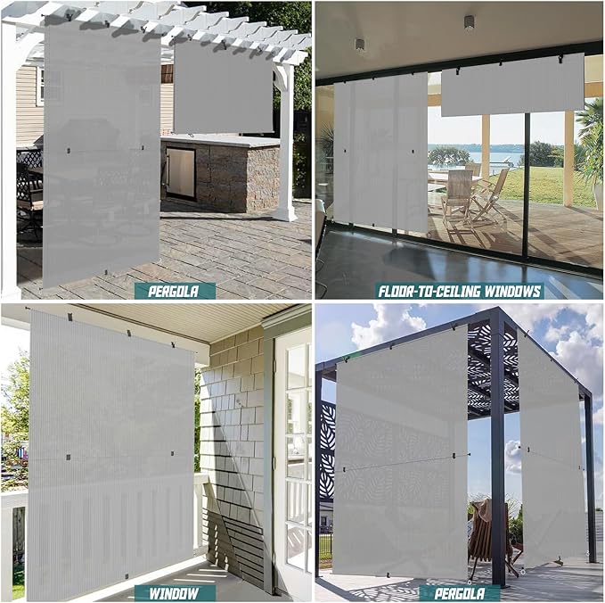 Bynbbur 7'W x 15'H Outdoor Patio Shades Foldable Roller Blinds, 220 GSM Sun Shade Roll Up Porch Screens Exterior Shade Cloth for Deck Pergola Backyard, Light Gray