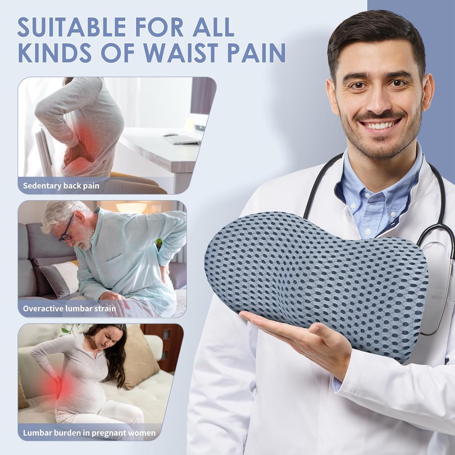 Lumbar Support Pillow, Memory Foam Back Support Pillow for Office Chair, Car Seat, Gaming Chair, Recliner and Bed, Neo Cushion for Low Back Pain Relief (Mesh, Gray)