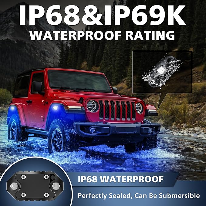 4WDKING White LED Rock Lights, 4 Pods IP68 Waterproof Underbody Glow Trail Rig Lamp LED Neon Lights for Truck Off Road Truck Car Boat ATV SUV Motorcycle