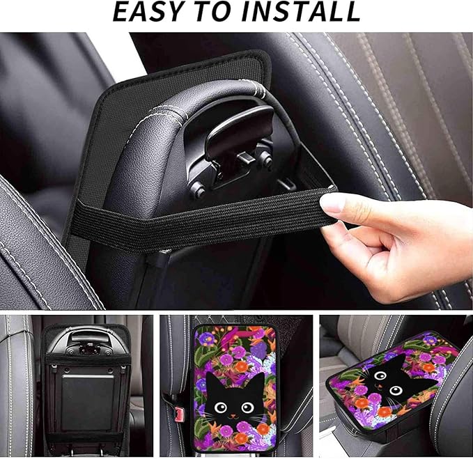 Universal Car Center Console Cushion Pad, Purple Flowers Black Cat Soft Waterproof Car Center Console Cover Auto Armrest Seat Box Cover Protector for Most Vehicle SUV Truck Car