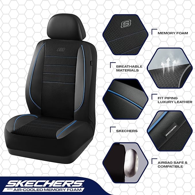 Skechers Air-Cooled Memory Foam Seat Covers,Mesh Thick Car Seat Covers,Piping Leather Car Seat Cover,Airbag Compatible,Automotive Comfort for Most Cars, Vans, Trucks, SUV(Blue,Full Set)