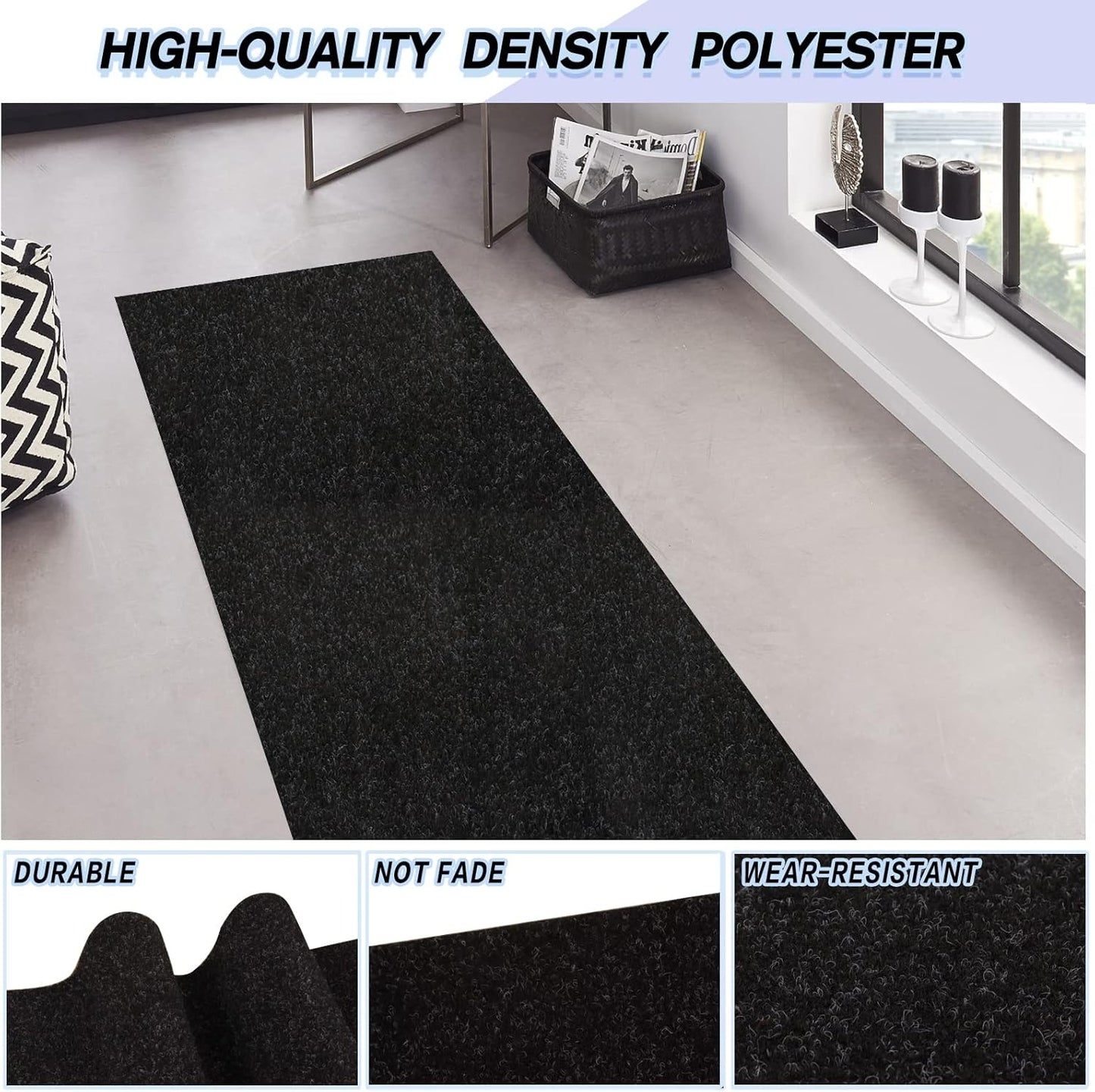 Custom Size Backed Non-Slip Area Rugs Runner, Easy Clean, Waterproof Runner Rugs for Hallway Entryway, Kitchen, Laundry, 4FT x 17FT, Black