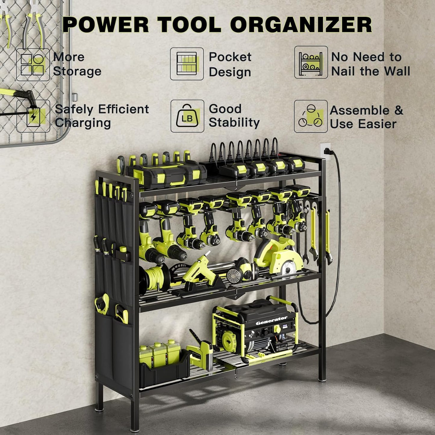 Large Power Tool Organizer Cart with Charging Station 8 Drill Holder Garage Storage Standing Heavy Duty and Stability Storage Rack Utility Tool Shelf (Black)