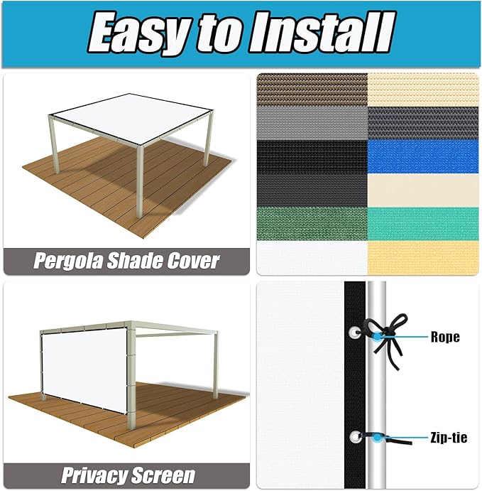 Amagenix 90% Pergola Shade Cover 12' X 24' Sun Shade Cloth with Grommets for Outdoor Garden Patio Porch, Commercial Grade 200 GSM - Cable Zip Ties Included (We Customized) GN108, White