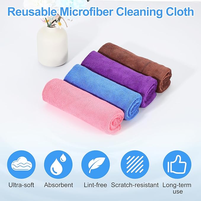 HARFINGTON 6 Pack Microfiber Cleaning Cloth, 8" x 8" Multi-Functional Cleaning Towels Reusable Absorbent Rags with Hook for Car Wash Kitchen Household Window Clean, Sapphire Blue