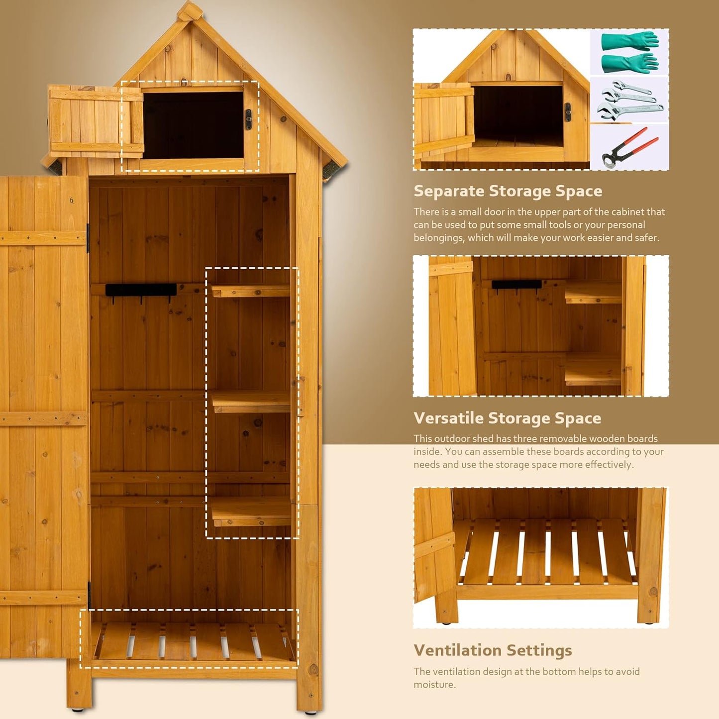 30.3" L X 21.3" W X 70.5" H Outdoor Storage Shed with Waterproof Roof, Solid Fir Wood Frame, and 3 Compartments for Garden Tools, Mower, and Hose,Natural Wood