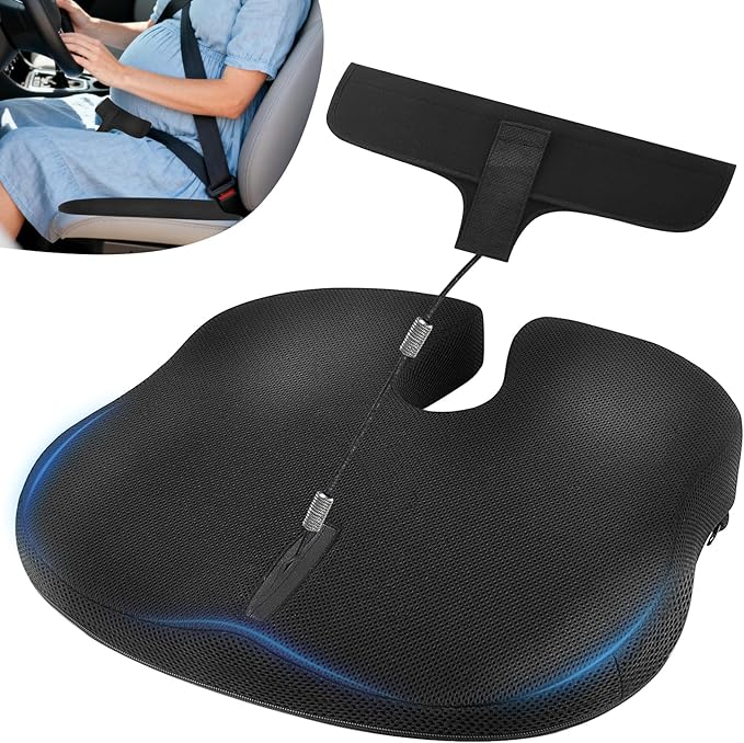 Car Seat Cushion for Pregnant Drivers and Passengers, NHTSA Recommended Prevent The Abdomen from Stress with Strap Adjuster, Memory Foam Seat Cushion for Tailbone Pain Relief, Sciatica & Back Support