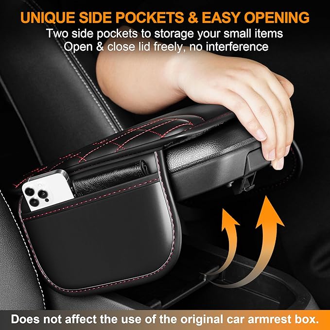 Car Center Console Cover Fit for Jeep Cherokee - Leather Armrest Covers with 2 Storage Pockets(Black&Red)