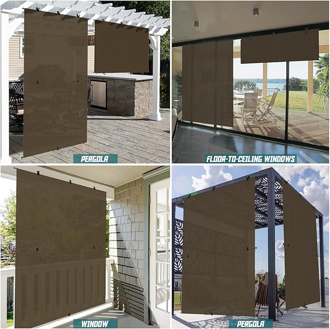 Bynbbur 7'W x 14.5'H Outdoor Patio Shades Foldable Roller Blinds, 220 GSM Sun Shade Roll Up Porch Screens Exterior Shade Cloth for Deck Pergola Backyard, Brown